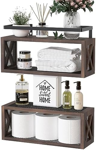 RICHER HOUSE Floating Wood Shelves with Guardrail Rustic Brown 2 Shelves