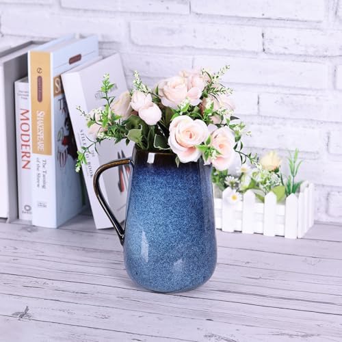 Blue Ceramic Pitcher Vase with Handles for Home Decor