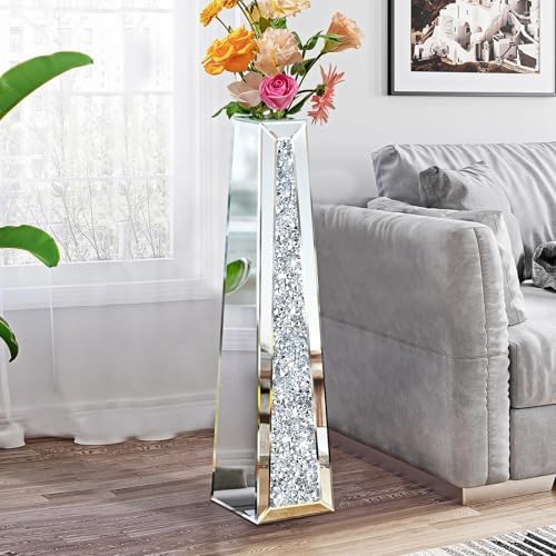 29 Inch Tall Crushed Diamond Floor Vase in Silver