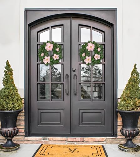20 Inch Artificial Pink Magnolia Wreath for Front Door