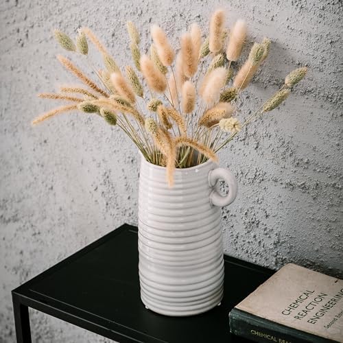 White Ceramic Vase with Handle Modern Farmhouse Decor
