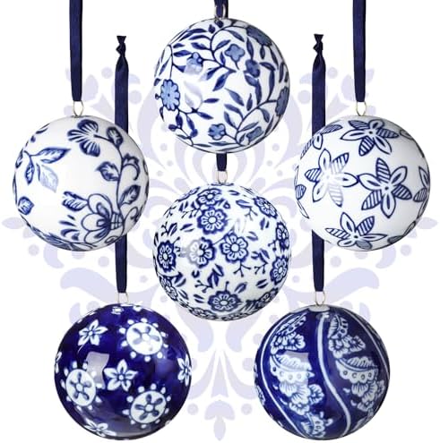 Cindeer 6 Pcs Christmas Porcelain Balls Blue White Decor