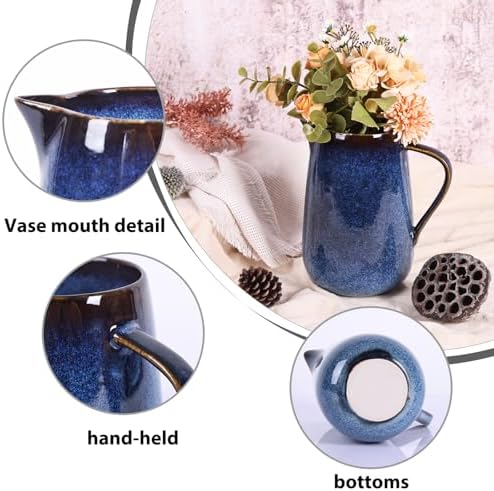 Blue Ceramic Pitcher Vase with Handle