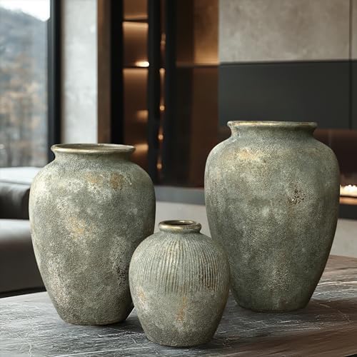 LuxenHome Rustic Ceramic Floor Vase with Gold and Brown Accents