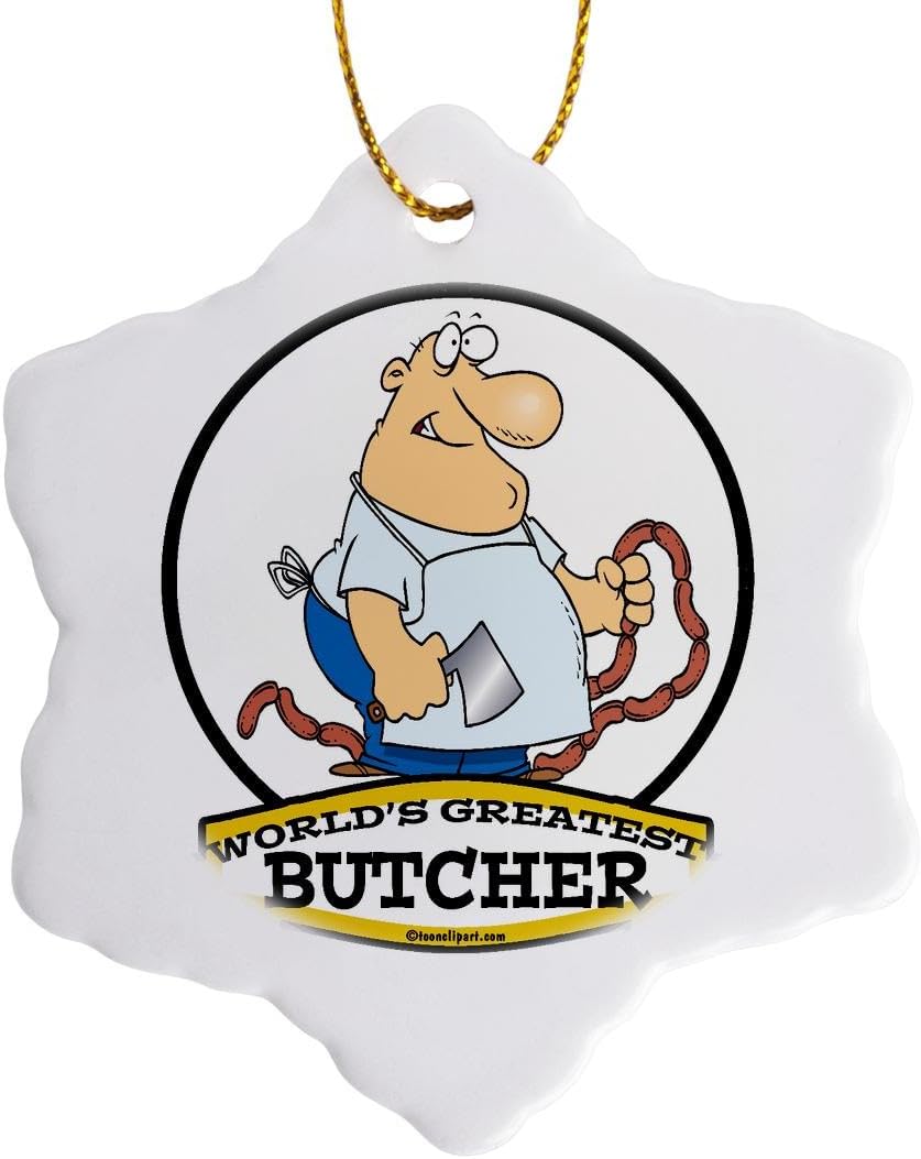 3 Inch Snowflake Porcelain Ornament - Funny Worlds Greatest Butcher Cartoon