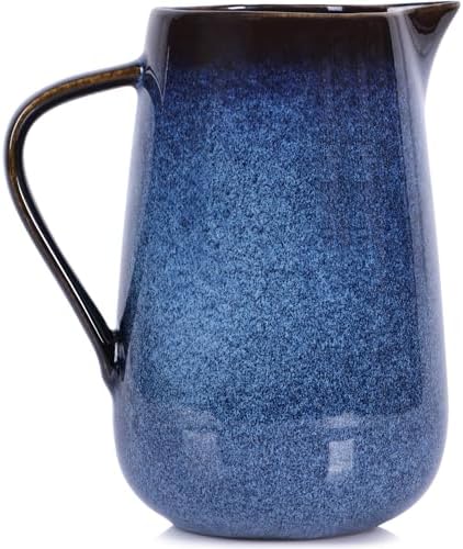 Blue Ceramic Pitcher Vase with Handles for Home Decor
