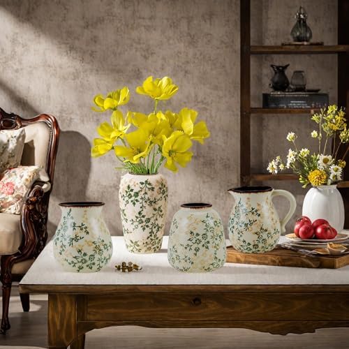 Green and Beige Handmade Ceramic Vase with Handle