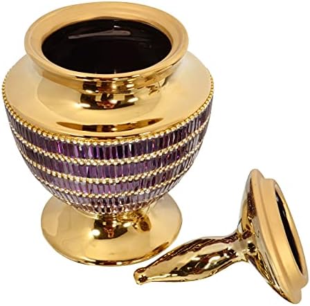 Gold Purple Jeweled Finial Urn Vase with Removable Lid
