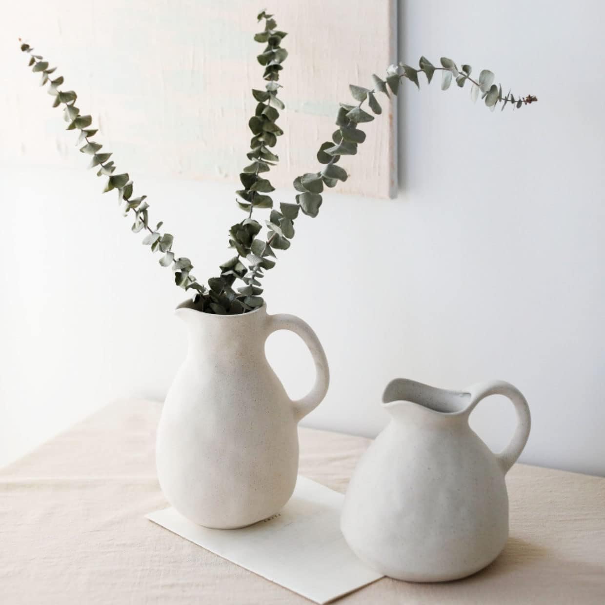 White Ceramic Vase with Handle for Flowers and Decor