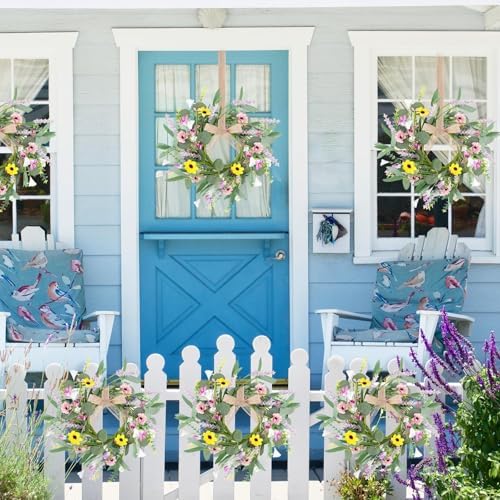 4Pcs Artificial Summer Floral Wreath with Hanging Ribbon