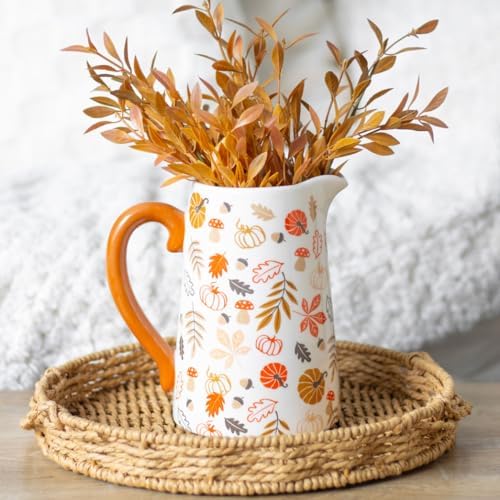 Rustic Autumn Ceramic Flower Jug with Pumpkin and Leaf Design