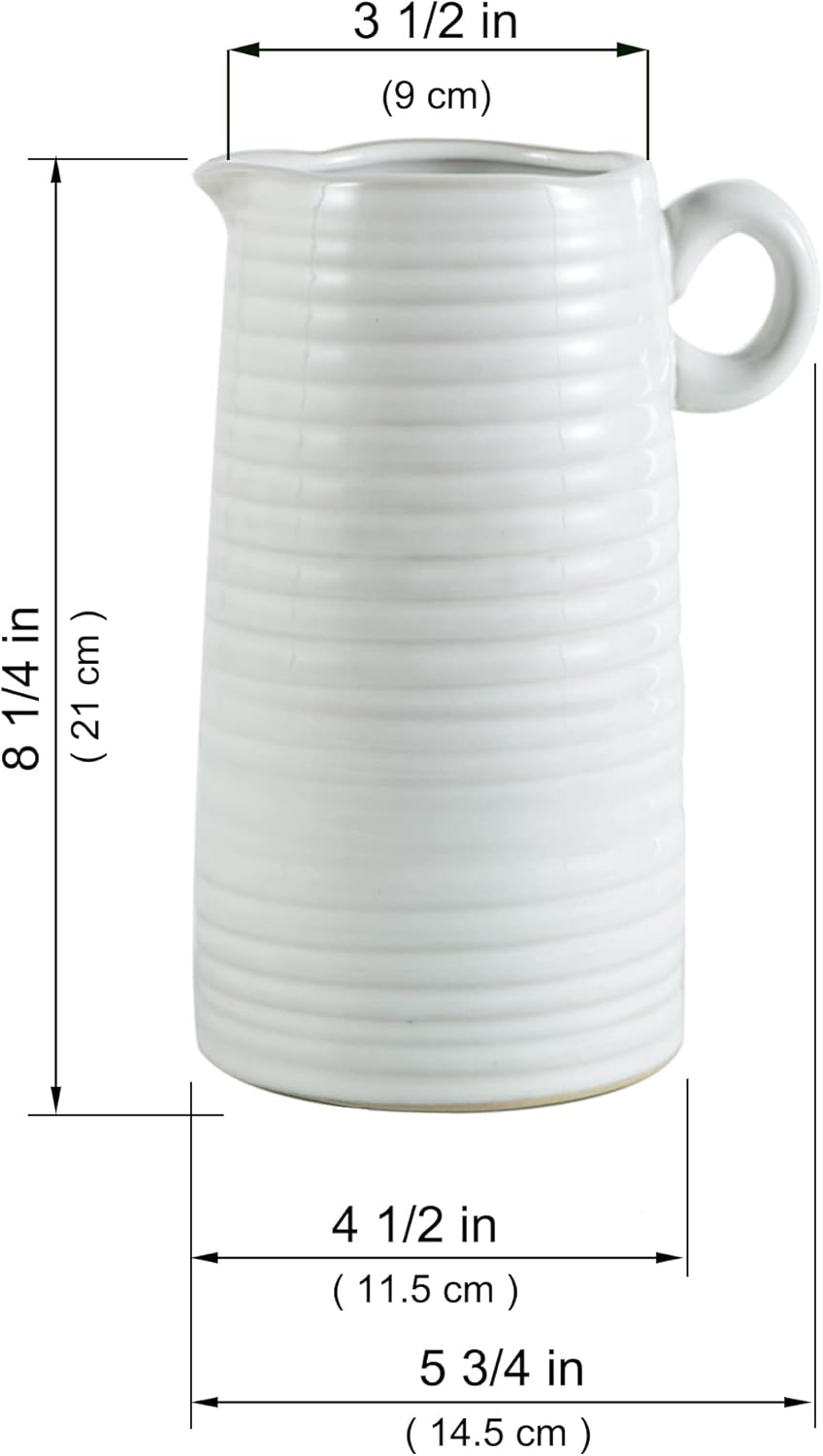 White Ceramic Vase with Handle Modern Farmhouse Decor