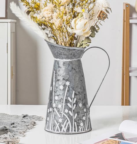 Vintage Galvanized Metal Pitcher Vase with Handle