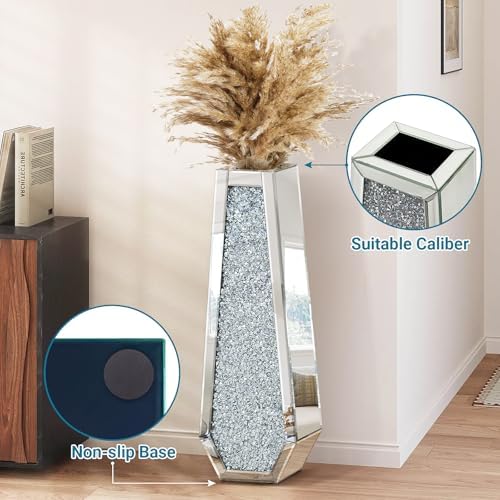 30 Inch Tall Crushed Diamond Floor Vase in Silver