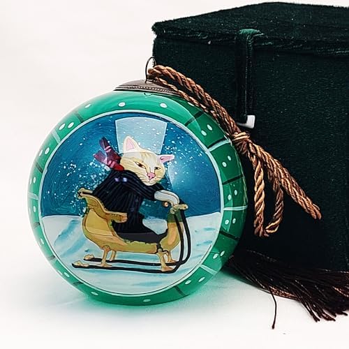 OKEA Ski Cat Green Inside Painted Glass Ornament