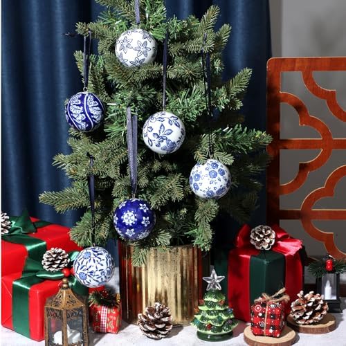 Cindeer 6 Pcs Christmas Porcelain Balls Blue White Decor
