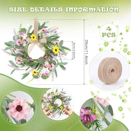 4Pcs Artificial Summer Floral Wreath with Hanging Ribbon