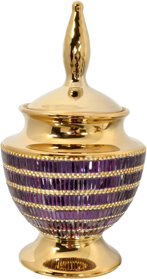 Gold Purple Jeweled Finial Urn Vase with Removable Lid