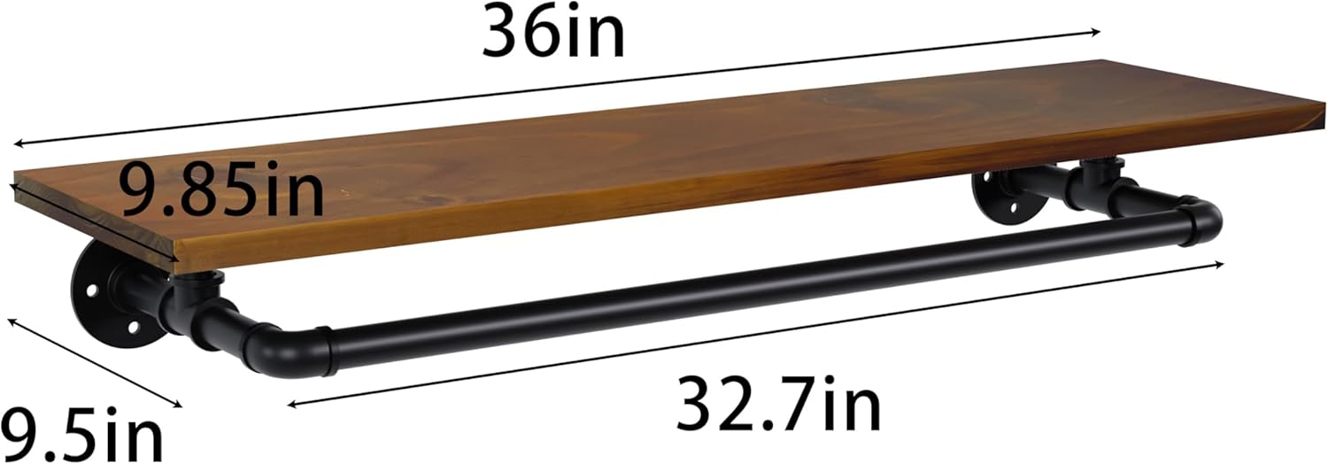 Tediduwa Bathroom Shelf with Towel Bar 36 Inch Floating Industrial Wood Shelf
