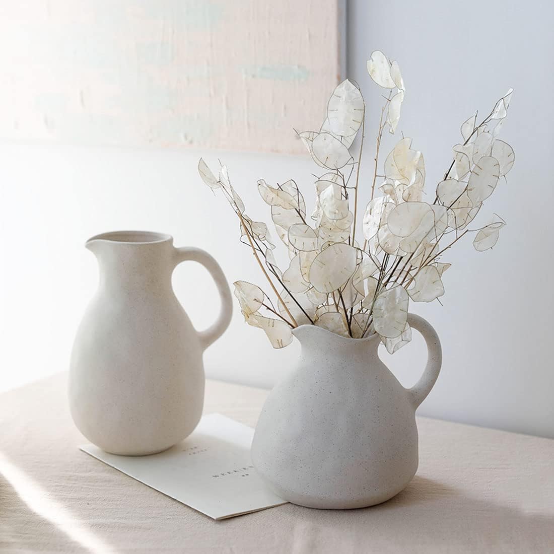 White Ceramic Vase with Handle for Flowers and Decor