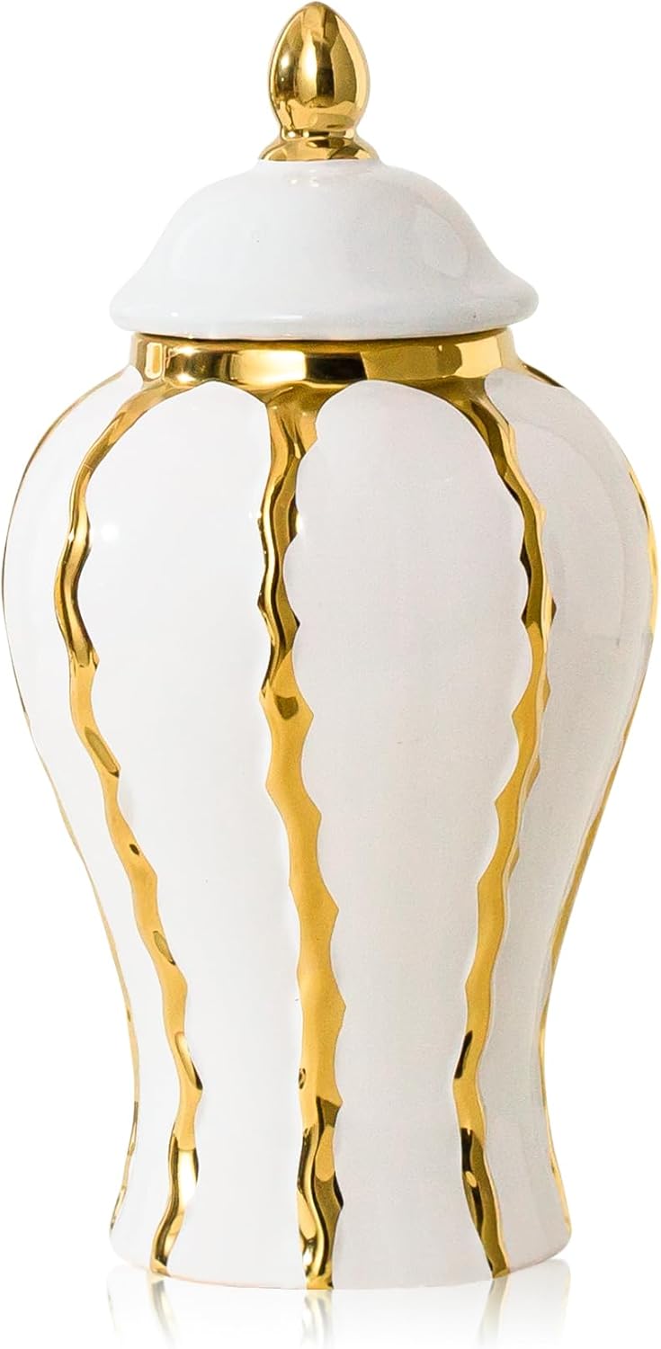 White Gold Ginger Jar with Lid Ceramic Vase