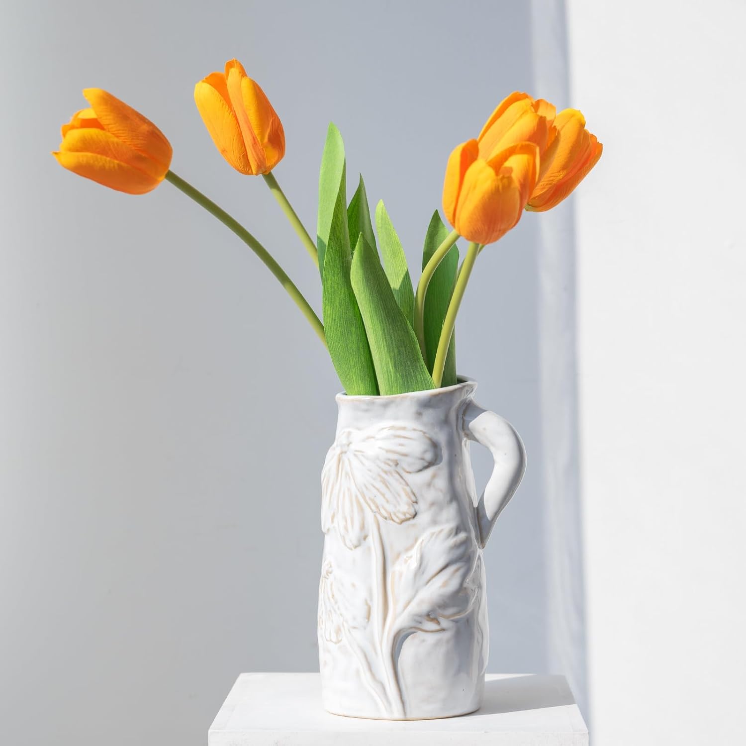 Beige White Pitcher Vase with Handle 7 Inch French Ceramic
