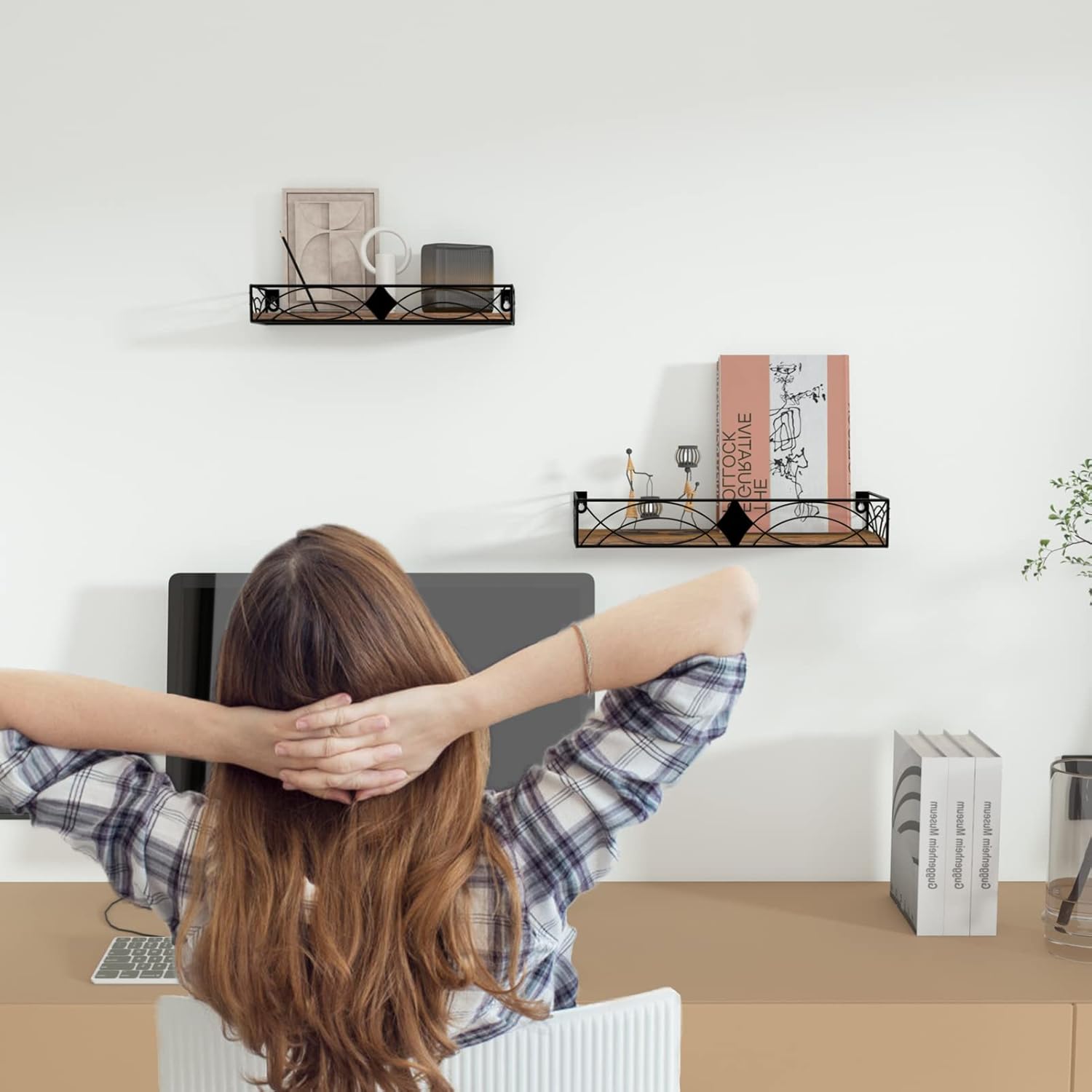 MEBRUDY Floating Shelves Set of 2 Rustic Wall Shelves with Rhombic Design