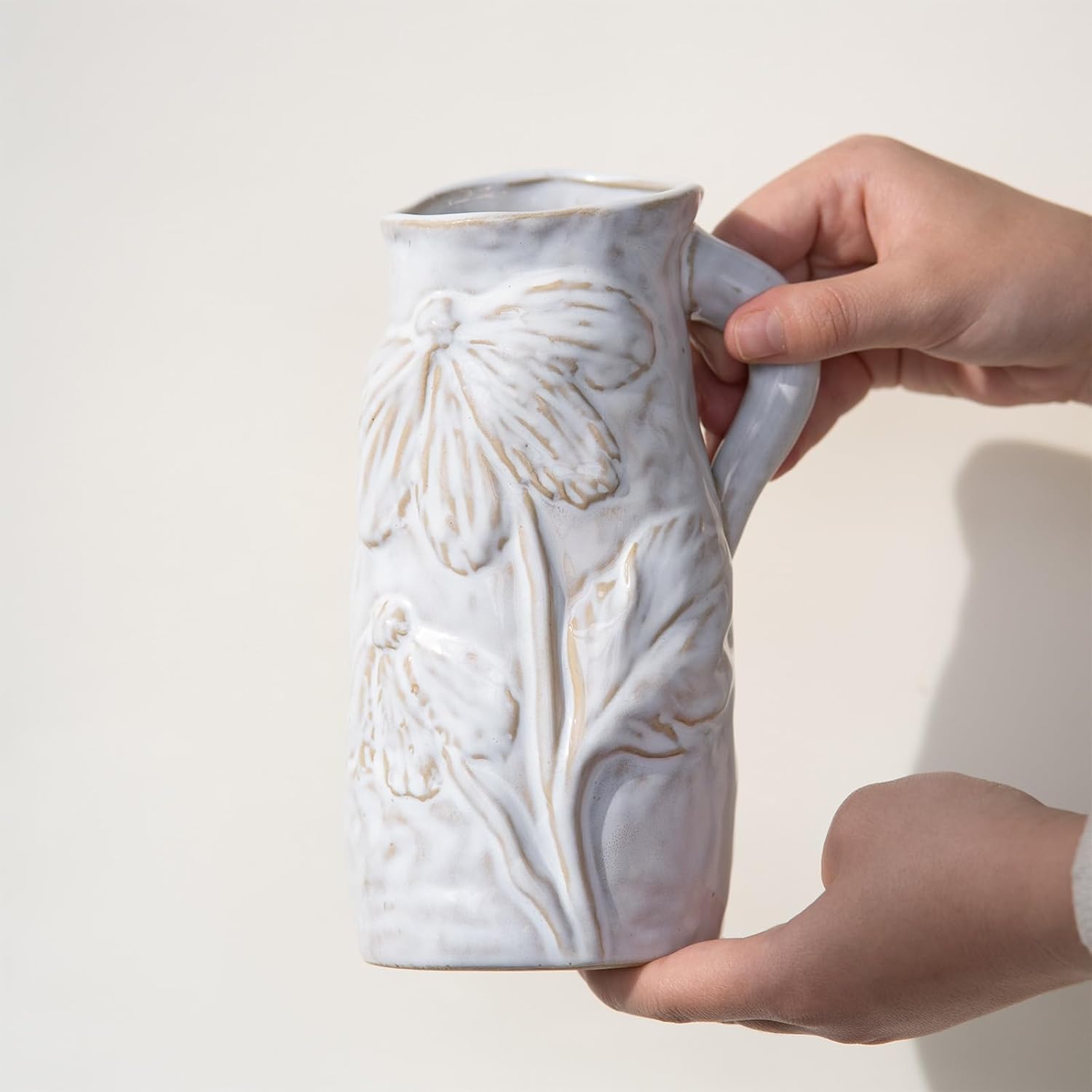 Beige White Pitcher Vase with Handle 7 Inch French Ceramic