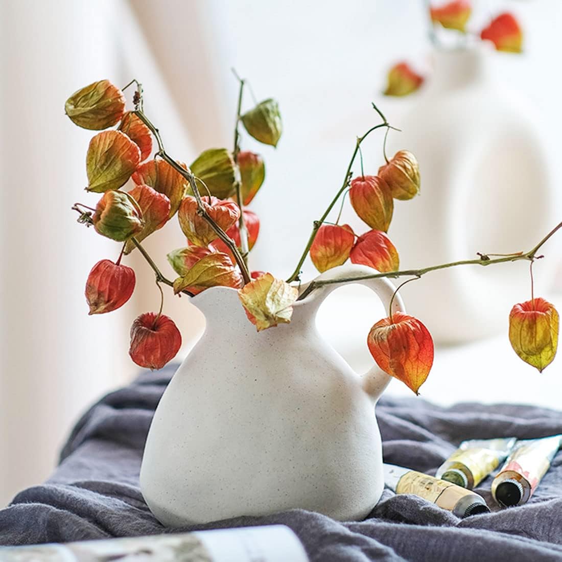 White Ceramic Vase with Handle for Flowers and Decor