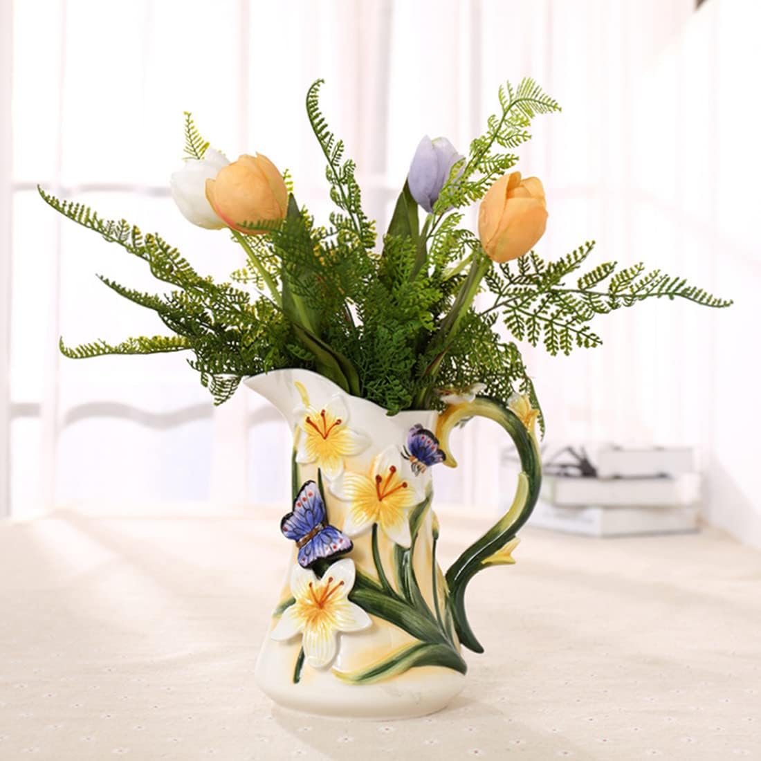 Large Ceramic Water Pitcher Flower Vase with Dancing Butterfly and Lily Design