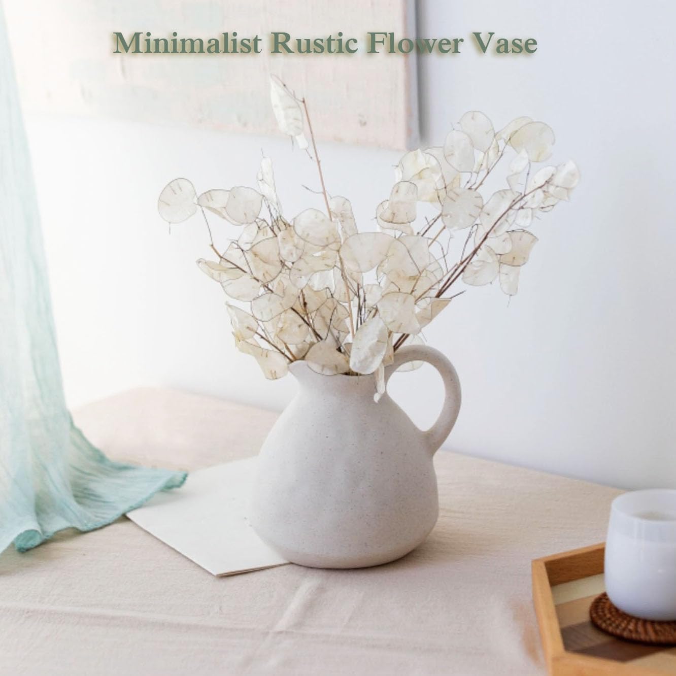 White Ceramic Vase with Handle for Flowers and Decor