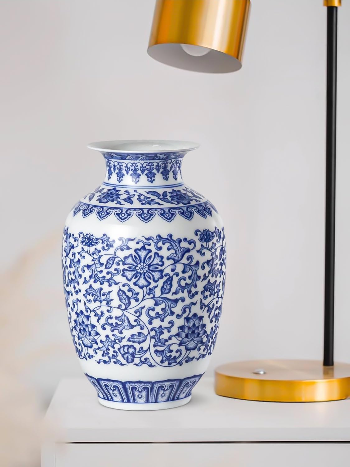 9 Inch Blue and White Ceramic Vase with Lotus Pattern