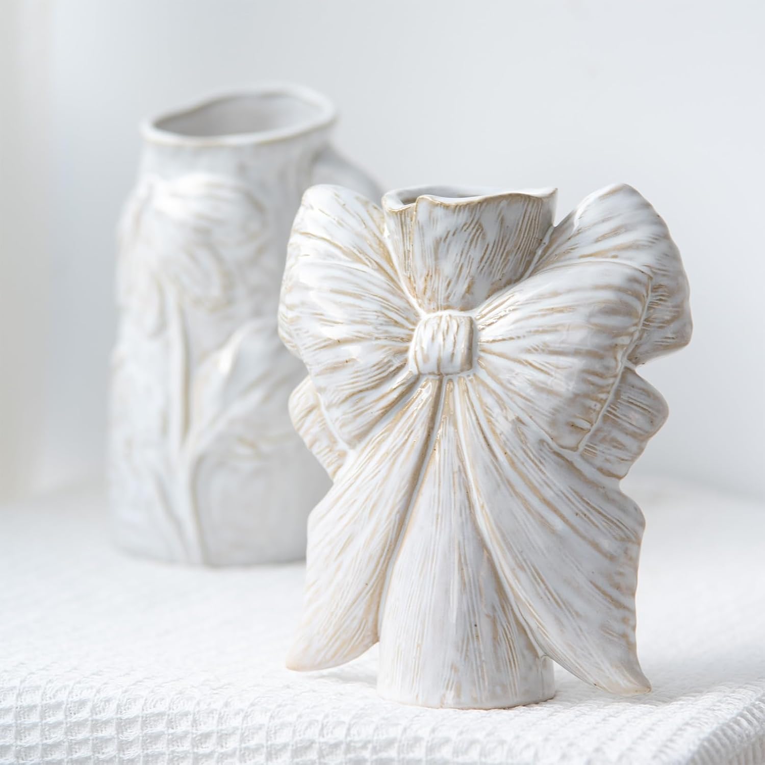 Beige White Pitcher Vase with Handle 7 Inch French Ceramic