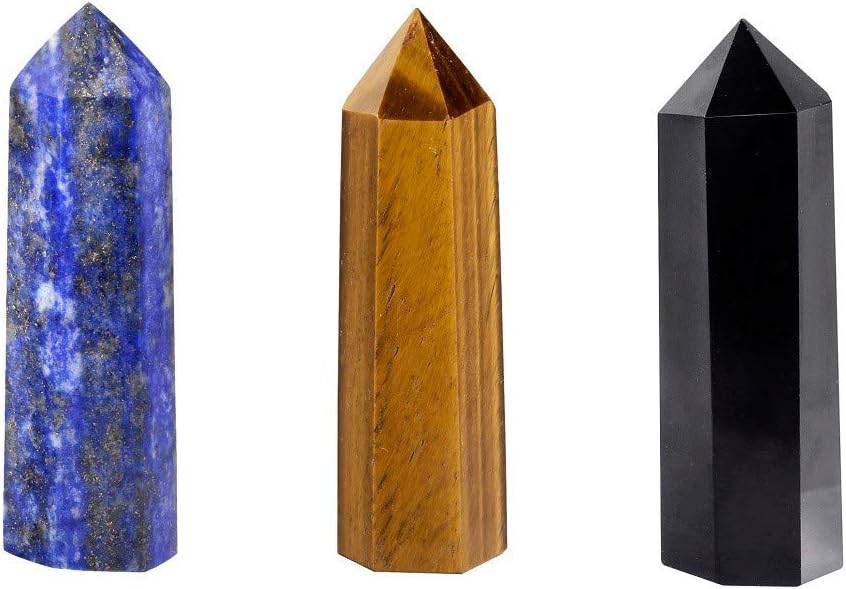 Rockcloud 3 Healing Crystal Wands Set Lapis Lazuli Tiger Eye Black Obsidian