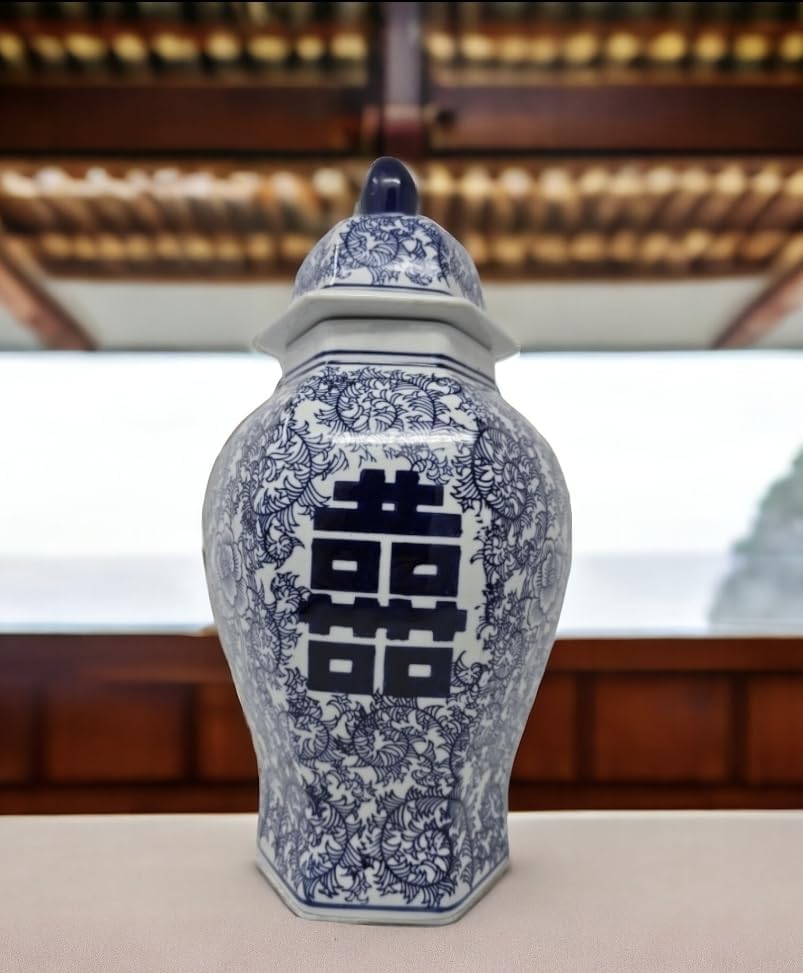 14 Inch Classic Blue and White Porcelain Ginger Jar Vase