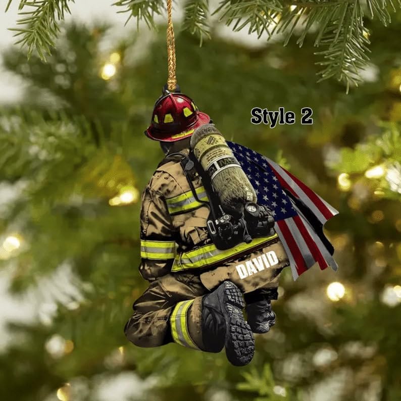 Personalized Firefighter Ornament with Custom Acrylic Car Design