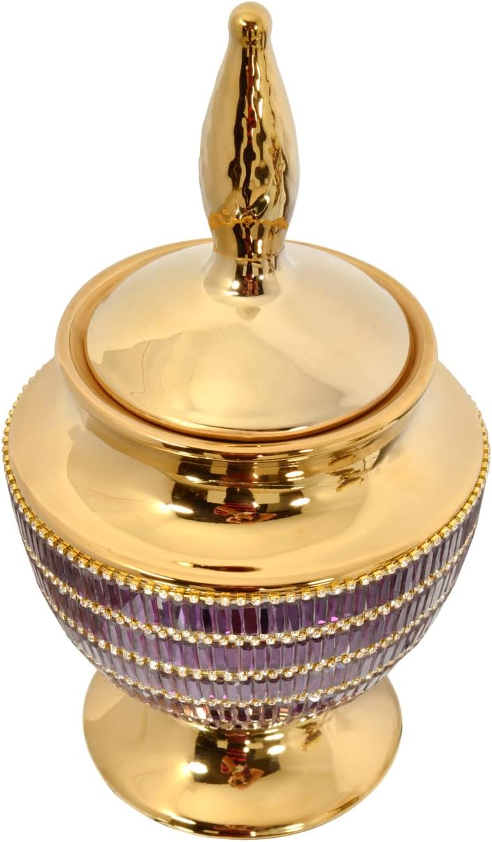 Gold Purple Jeweled Finial Urn Vase with Removable Lid