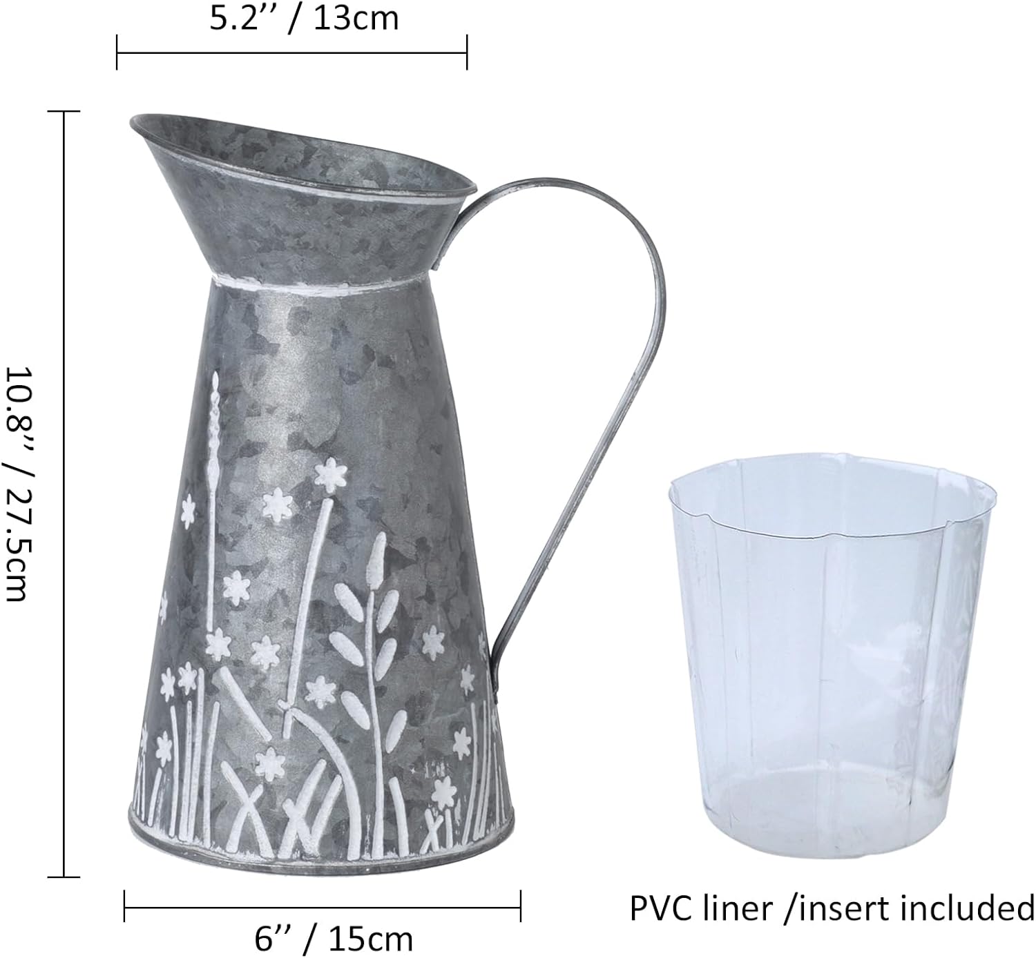 Vintage Galvanized Metal Pitcher Vase with Handle