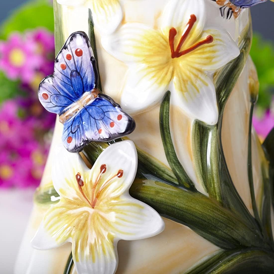 Large Ceramic Water Pitcher Flower Vase with Dancing Butterfly and Lily Design