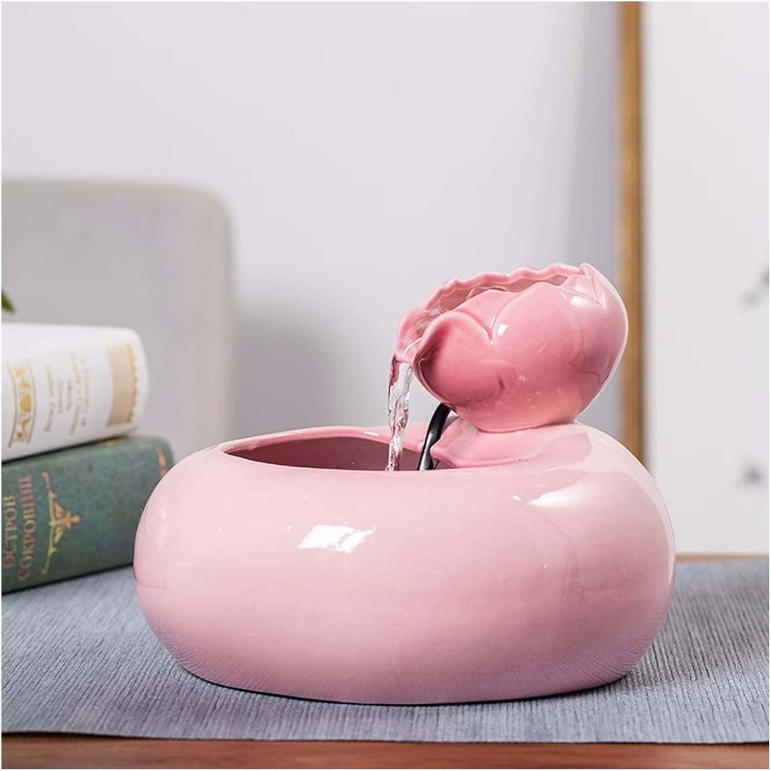 Pink Ceramic Tabletop Water Fountain with Zen Design