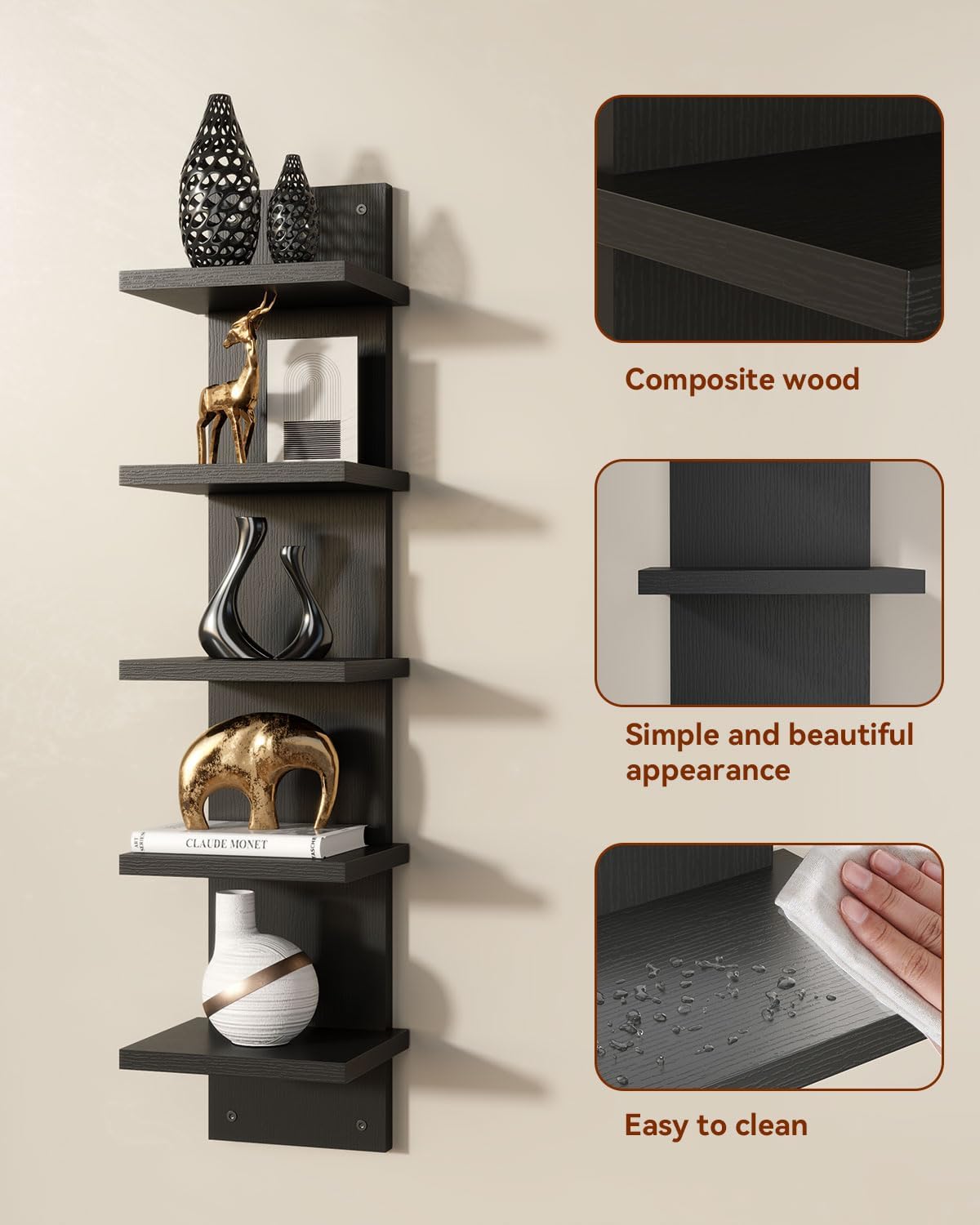 IBUYKE 5 Tier Wall Shelving Unit Black Vertical Storage Shelf