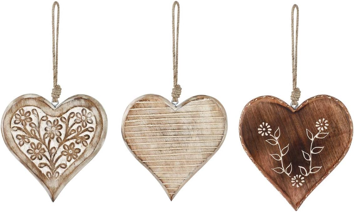 Floral Heart Whitewashed Mango Wood Christmas Ornaments Set of 3