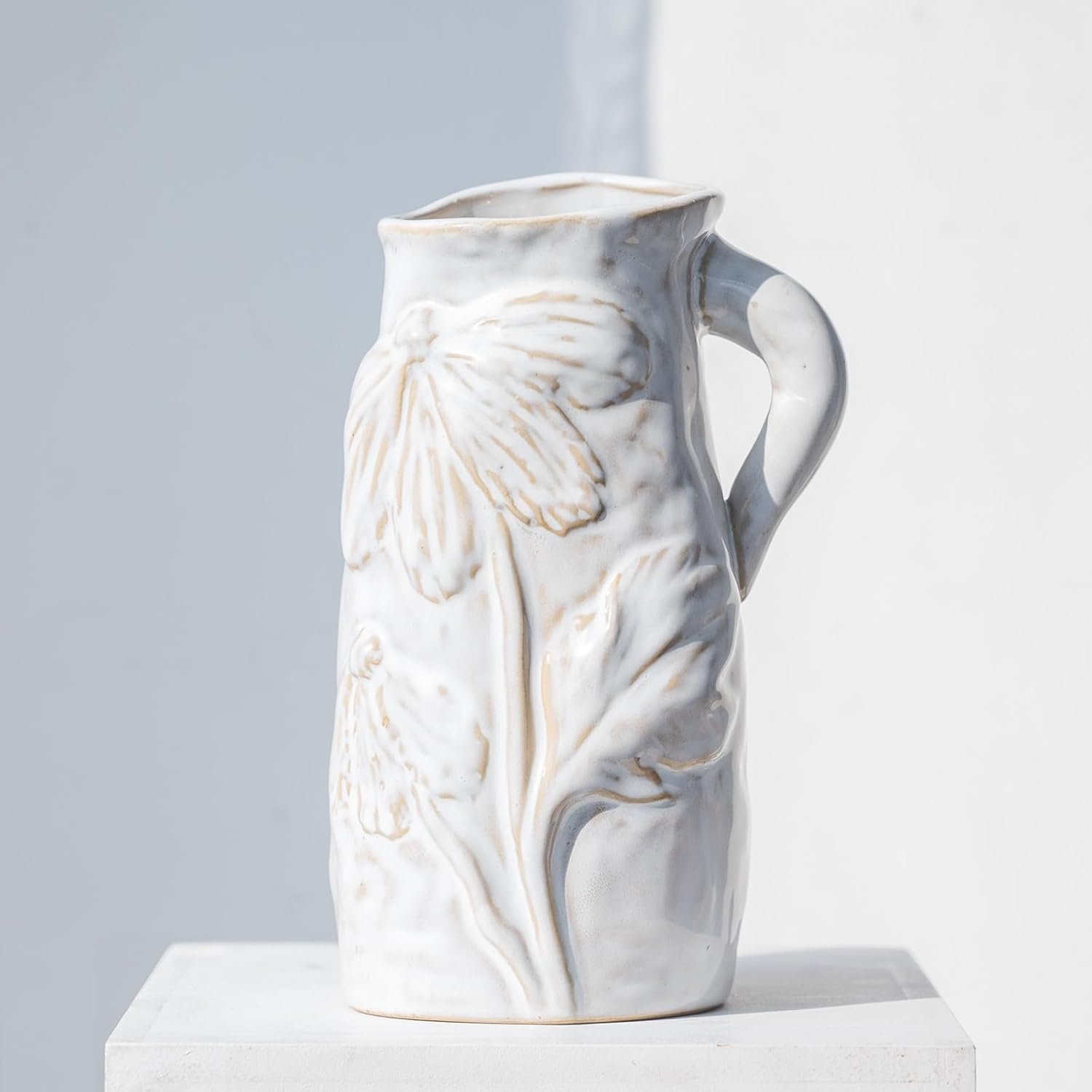 Beige White Pitcher Vase with Handle 7 Inch French Ceramic