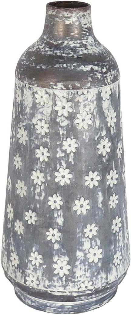 Rustic Whitewashed Floral Galvanized Metal Decorative Vase