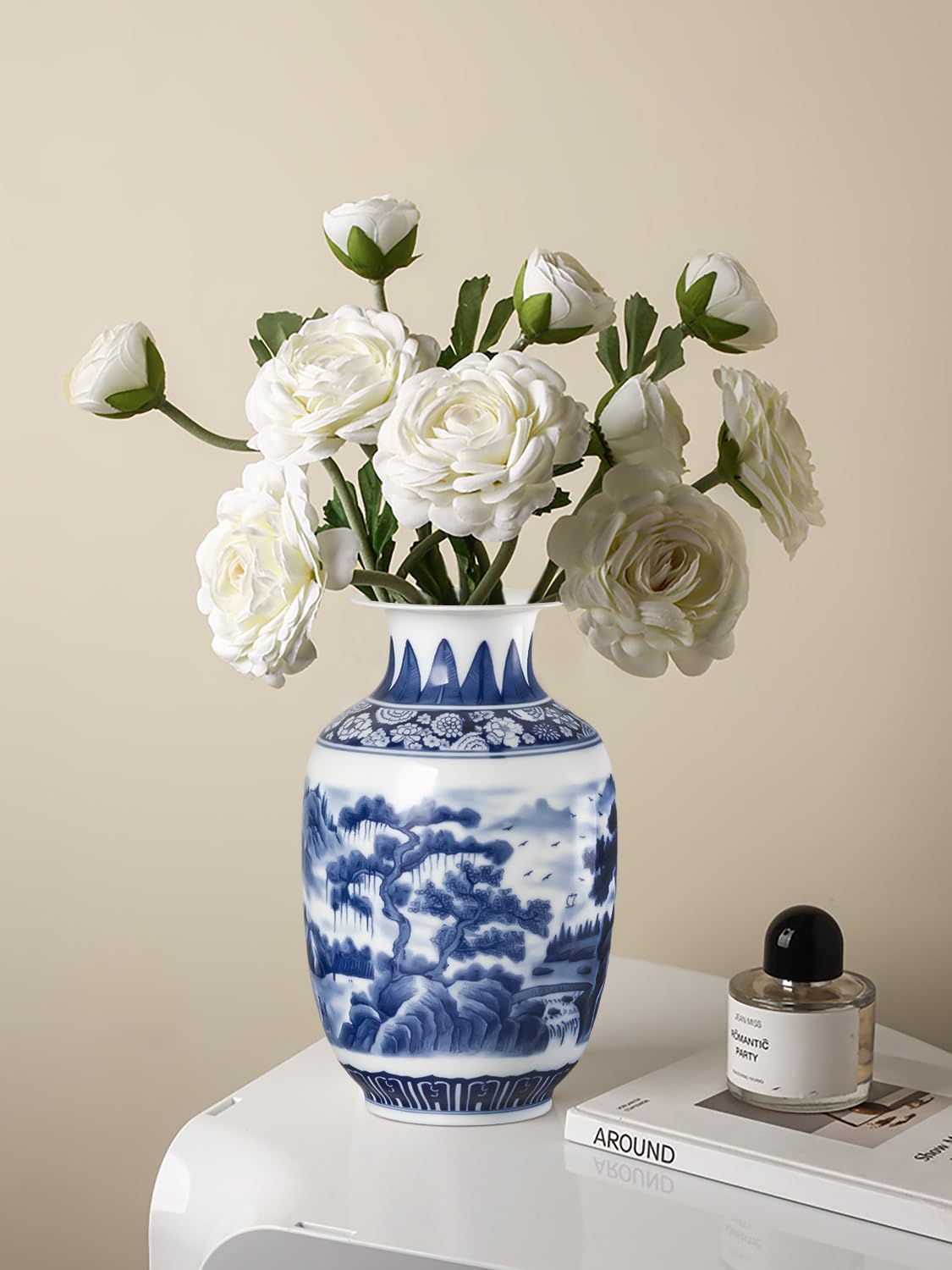 Qinlang 9 Inch Blue White Ceramic Vase Landscape Design