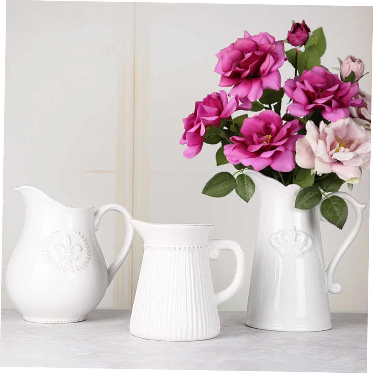 Unomor 1pc Elegant White Ceramic Flower Vase with Textured Design