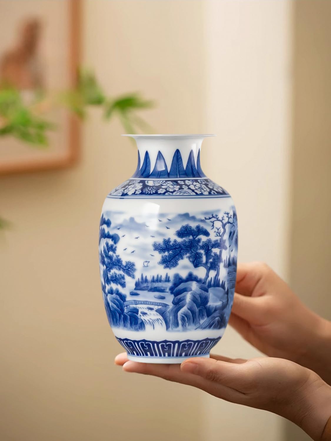 Qinlang 9 Inch Blue White Ceramic Vase Landscape Design