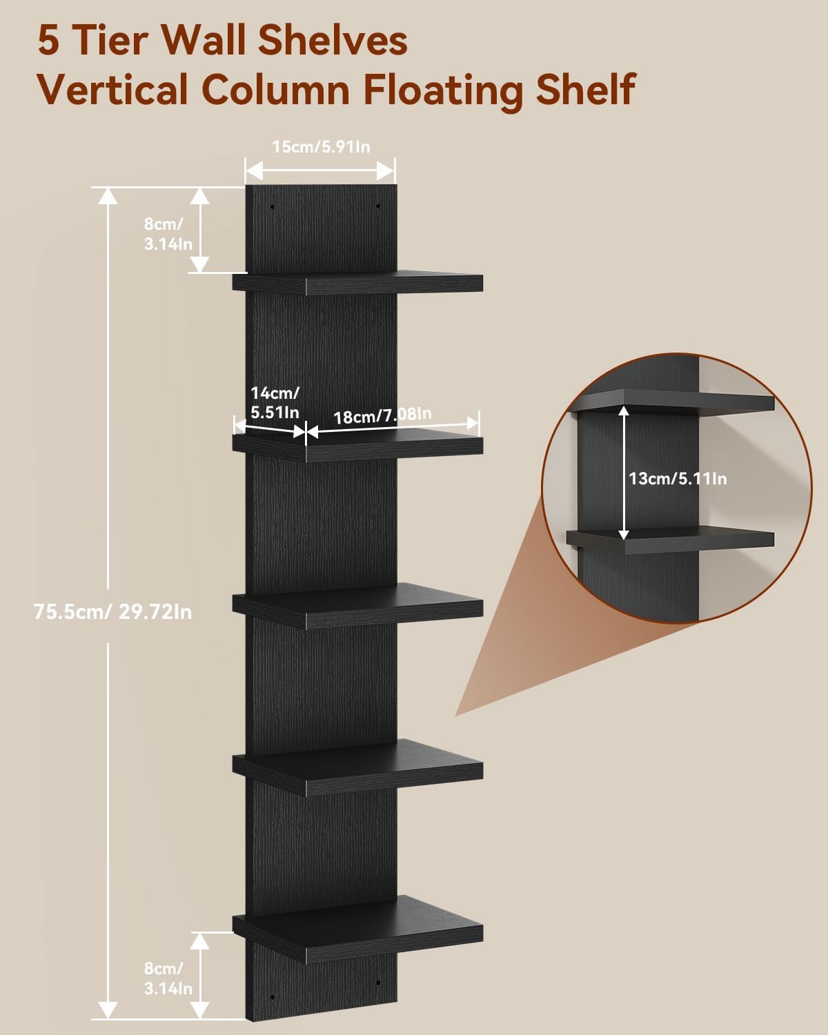 IBUYKE 5 Tier Wall Shelving Unit Black Vertical Storage Shelf