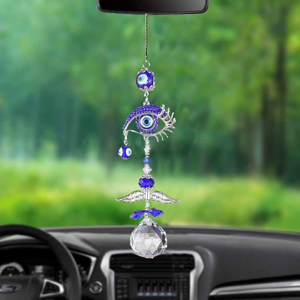Turkish Evil Eye Crystal Sun Catcher Pendant with Wind Chime Blue