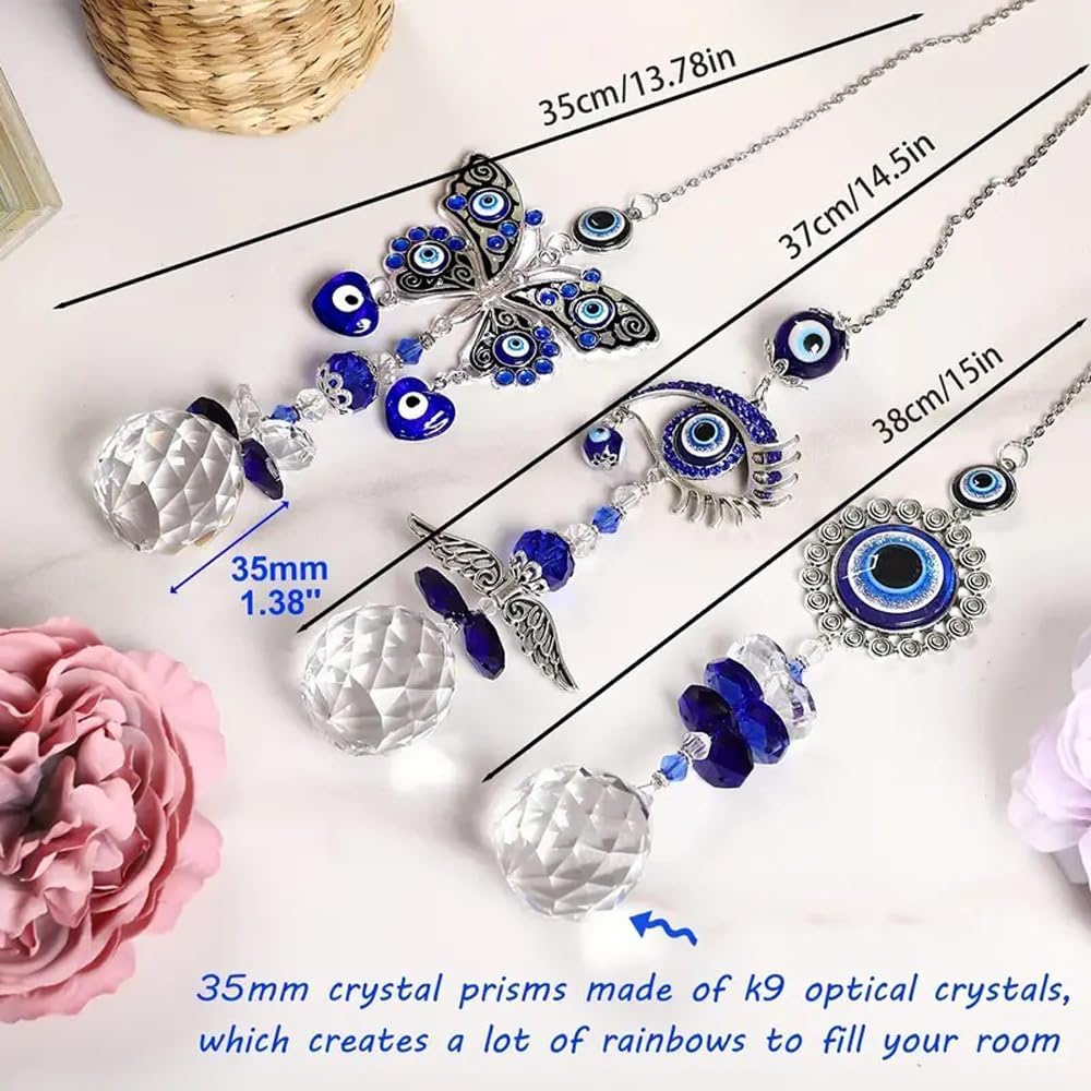 Turkish Evil Eye Crystal Sun Catcher Pendant with Wind Chime Blue